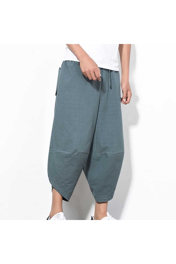 Men's Solid Color Relaxed Harem Trousers Cotton Linen Blend Cropped Length Comfortable Loose Style for Casual Wear Cropped Pants,XL,Gray