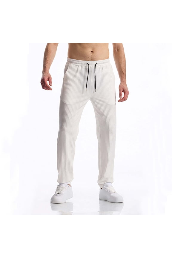 Men's Solid Color Ribbed Texture Casual Bottoms with Elastic Waistband Straight Leg Comfortable Design Long Pants for Men,M,White