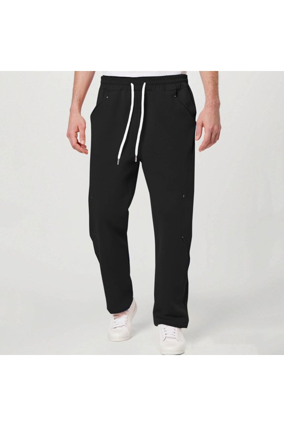Men's Solid Color Rivet Detail Pants Loose Fit with Pockets Drawstring and Elastic Waist Edgy Street Style Long Trousers,S,Black