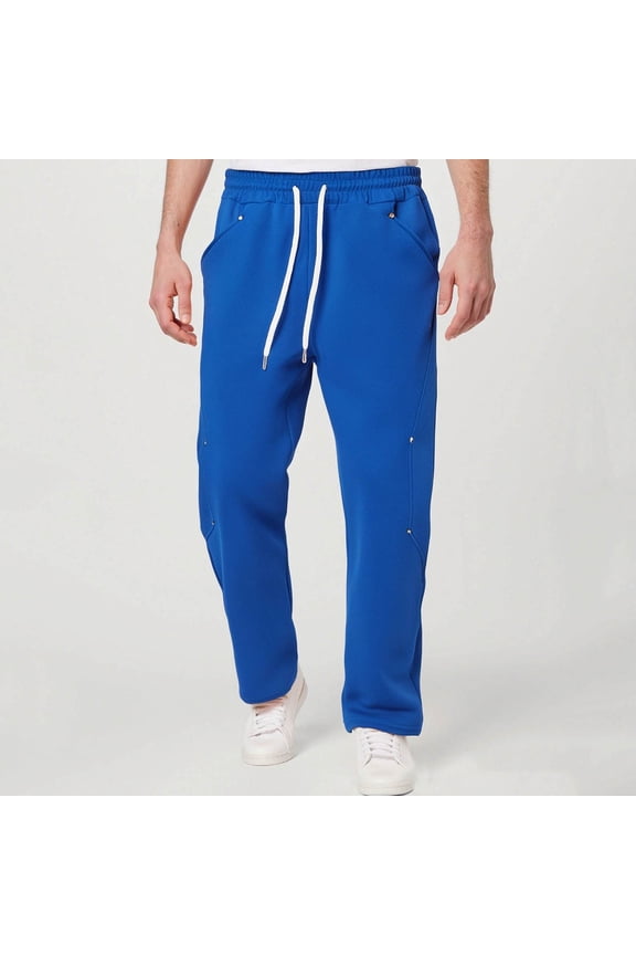 Men's Solid Color Rivet Detail Pants Loose Fit with Pockets Drawstring and Elastic Waist Edgy Street Style Long Trousers,S,Blue