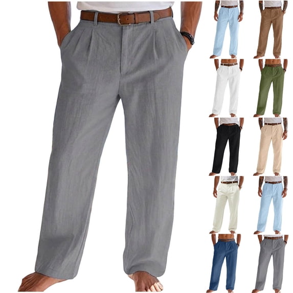 Yaoyar Men's Solid Faux Linen Button Elastic Waist Beach Pants, Comfortable Casual Trousers with Pockets for Summer Vacation