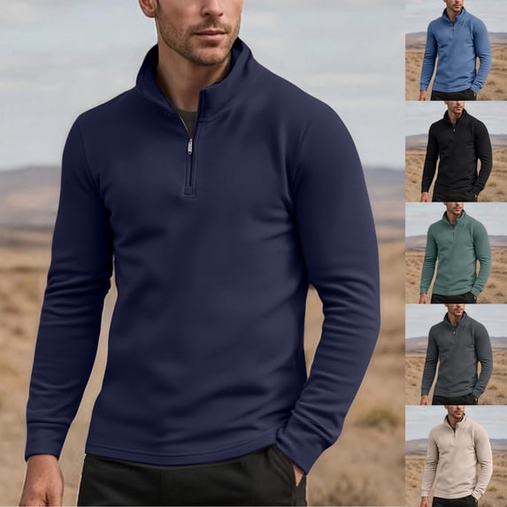Yaoyar Men's Solid Half Zip Stand Collar Long Sleeve Thermal Base Layer Top, Soft Warm Fleece Lined Pullover for Cold Weather Comfort