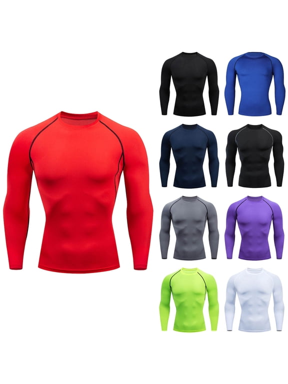 Men's Solid Long Sleeve Crew Neck Stretchy Compression Base Layer Top, Breathable Moisture Wicking Athletic Undershirt for Cycling Running