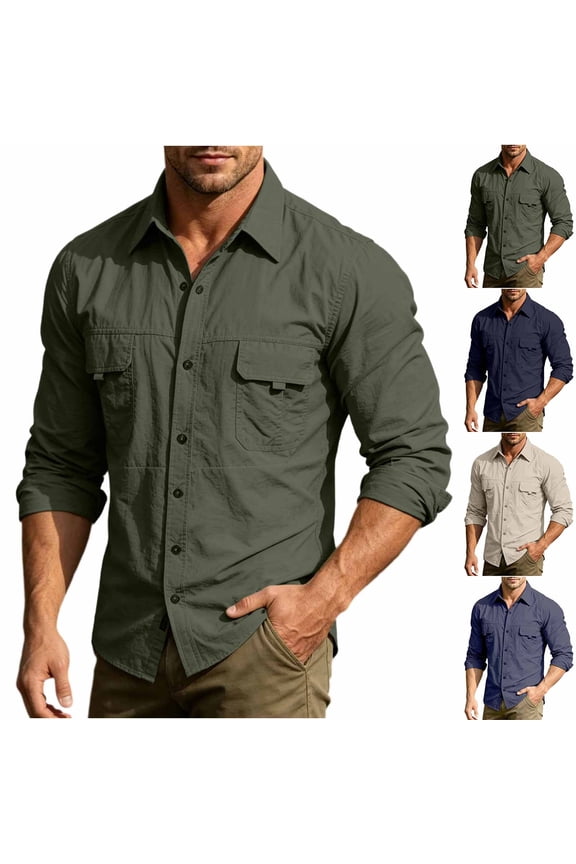 Men's Solid Performance Long Sleeve Button Down Camp Collar Back Ventilated Mesh Pockets Relaxed Tactical Cooling Work Shirt