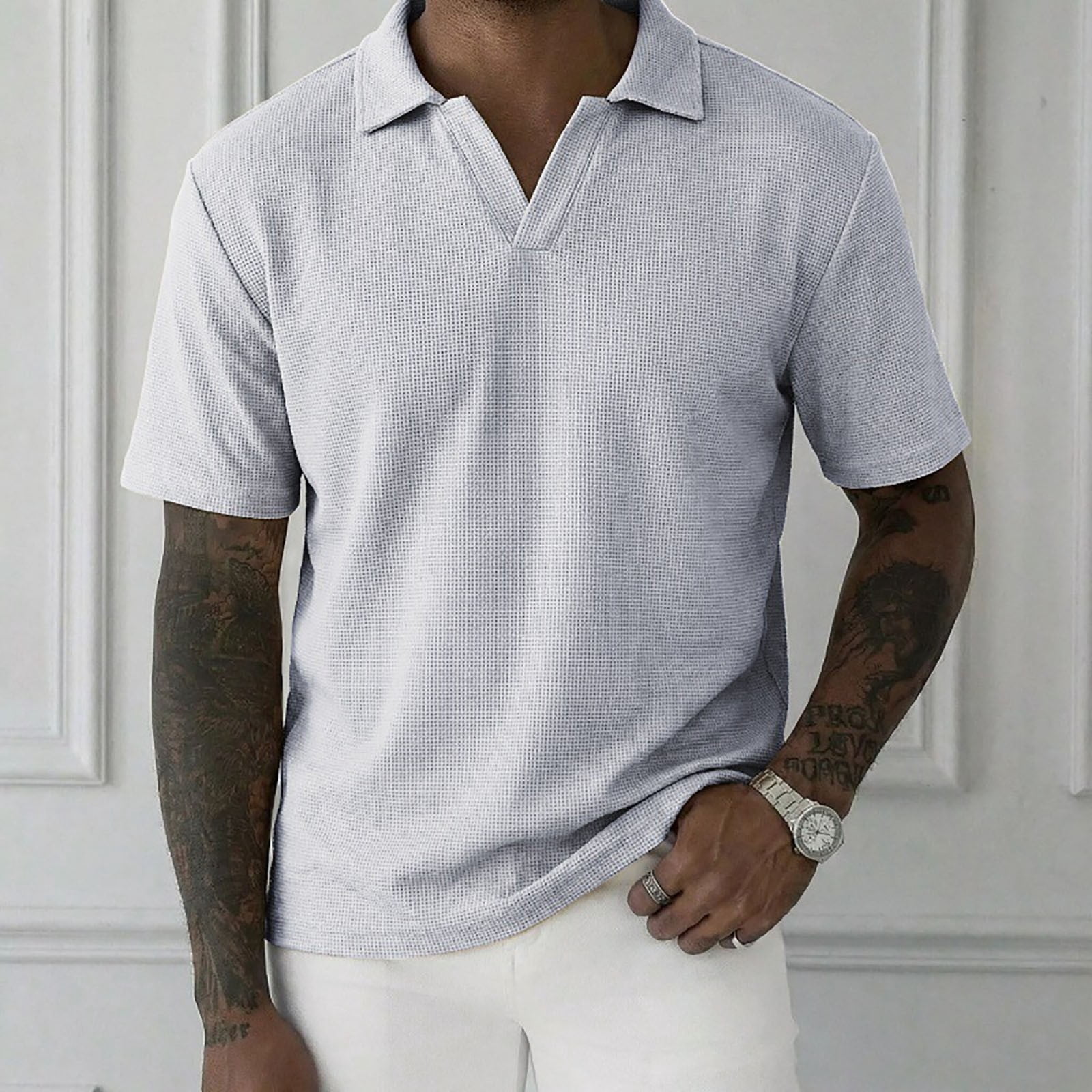 Yaoyar Men's Solid Short Sleeve Camp Collar Ice Silk Waffle Texture ...