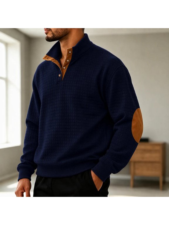 Men's Solid Waffle Knit Stand Collar Pullover with Elbow Patches, Casual Long Sleeve Top for Daily Comfort