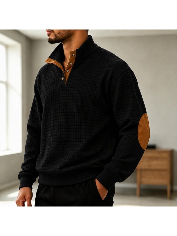 Men's Solid Waffle Knit Stand Collar Pullover with Elbow Patches, Casual Long Sleeve Top for Daily Comfort