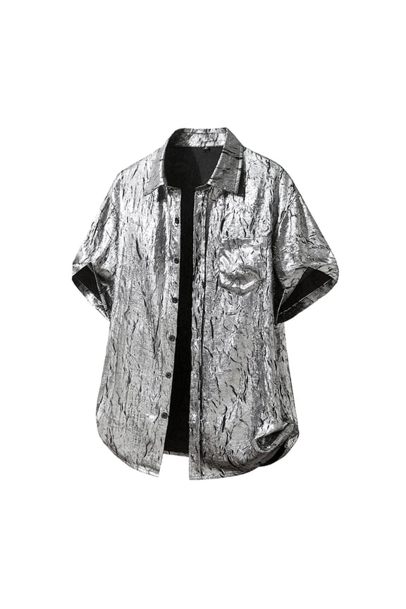 Men's Sparkle Sequins Shirts Disco Nightclub Shirt Short Sleeve Button Down Metallic Shirt Party Tops