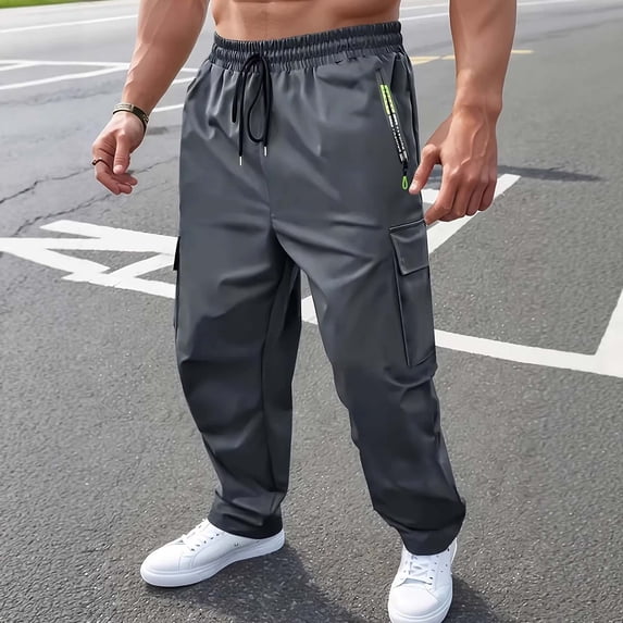 Yaoyar Men's Straight Leg Cargo Pants Solid Color Zip Pockets Elastic Waistband Relaxed Fit Work Long Trousers