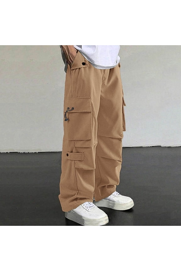 Men's Straight Leg Training Cargo Pants with Multiple Pockets and Elastic Waistband for Outdoor Gym Exercise Straight Long Pants,M,Yellow