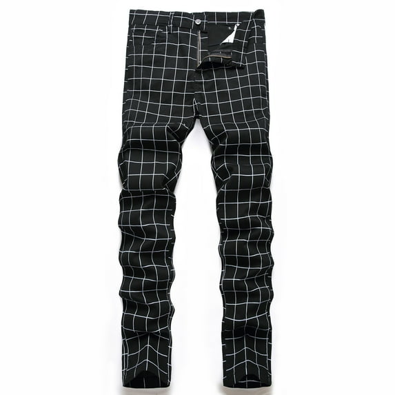 Yaoyar Men's Stretch Dress Pants Striped Plaid Slim Fit Straight-Leg Suit Pant Business Formal Classic Full Length Trouser(Black,L)