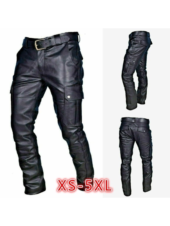 Men's Stretch Faux Leather Biker Pants Goth Sweatpants with Cargo Pockets Slim Skinny Faux Leather Pants Trousers Black XL