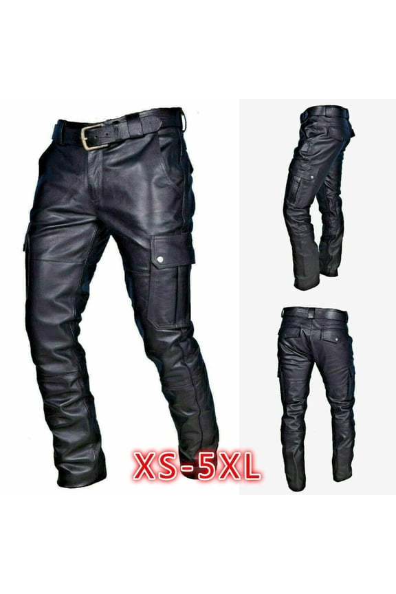 Men's Stretch Faux Leather Biker Pants Goth Sweatpants with Cargo Pockets Slim Skinny Faux Leather Pants Trousers Black XL