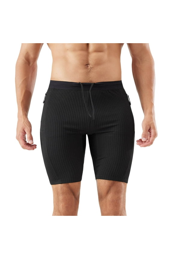 Men's Striped High Stretch Fake Two Layer Quick Dry Running Shorts Marathon Track Training Tight Fit Workout Shorts,Black,L