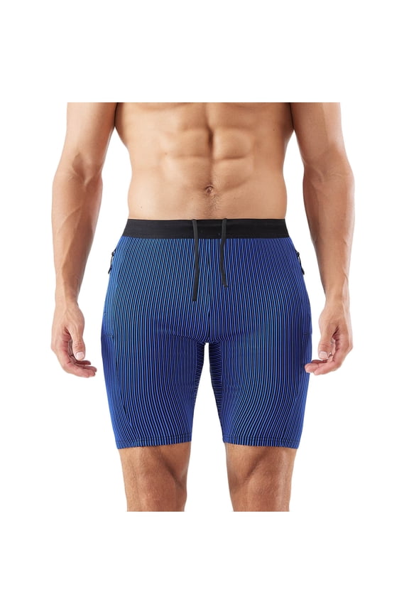 Men's Striped High Stretch Fake Two Layer Quick Dry Running Shorts Marathon Track Training Tight Fit Workout Shorts,Blue,M