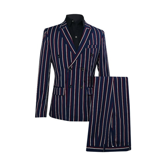 Yaoyar Men's Striped Stage Performance Dress Suit Double Breasted Stripe Suit Wedding Party Blazer Pants Suit Set Navy 2XL