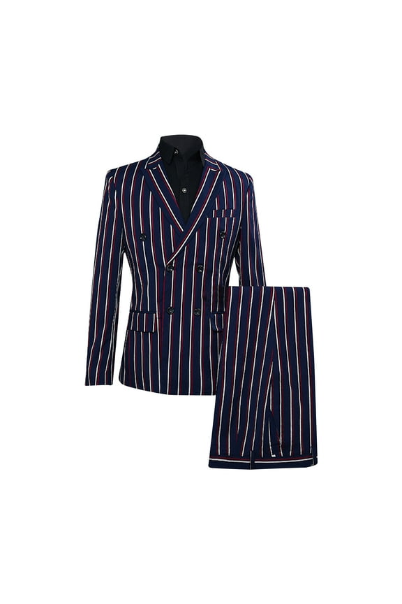 Men's Striped Stage Performance Dress Suit Double Breasted Stripe Suit Wedding Party Blazer Pants Suit Set Navy XL