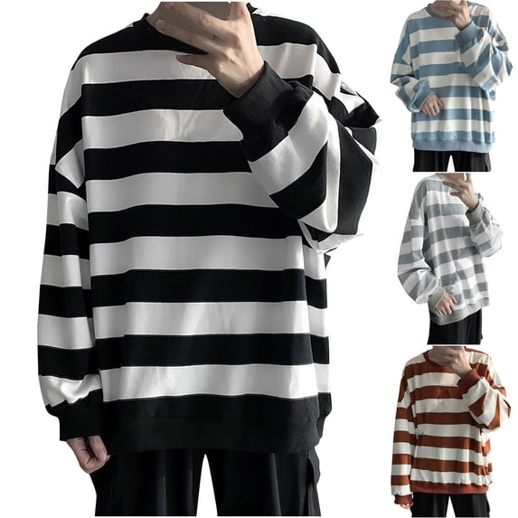 Yaoyar Men's Striped Versatile Long Sleeve Crew Neck Top, Soft Breathable Casual Pullover with Classic Pattern for Daily Wear