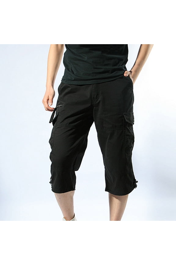 Men's Stylish Cropped Work Pants Solid Color Casual Design with Multiple Utility Pockets for Summer Season Wear Cargo Pants,XXXXL,Black