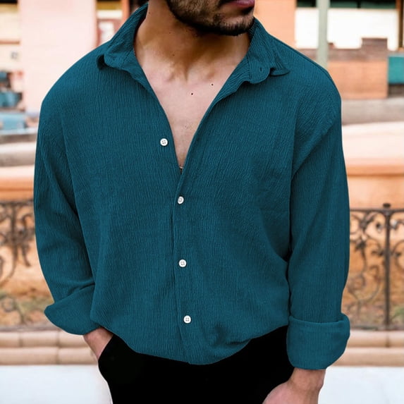 Yaoyar Men's Summer Breathable Solid Crinkle Texture Camp Collar Button Front Long Sleeve Lightweight Casual Shirt