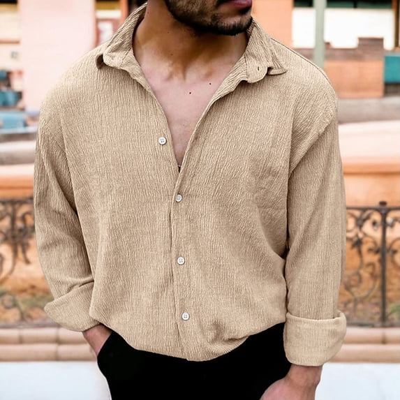 Yaoyar Men's Summer Breathable Solid Crinkle Texture Camp Collar Button Front Long Sleeve Lightweight Casual Shirt