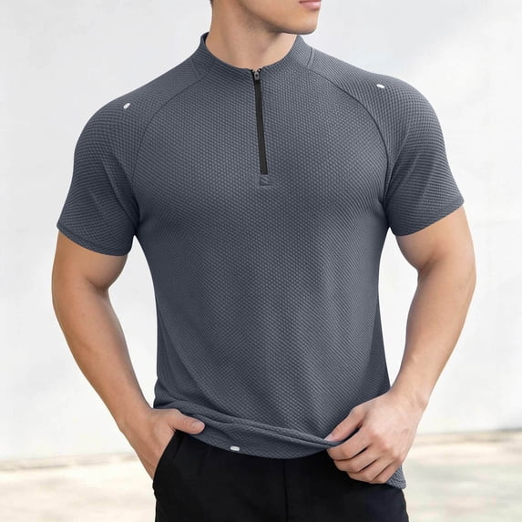 Yaoyar Men's Summer Casual Solid Short Sleeve Mandarin Collar Zip Front Gym Active Breathable Stretchy Top