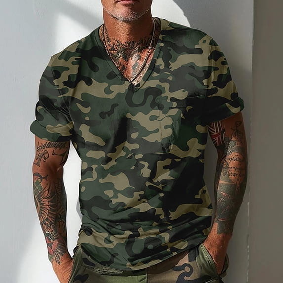 Yaoyar Men's Summer Classic Camo V-Neck T-Shirt Street Style Print Casual Tee,Comfortable Versatile for Daily Wear
