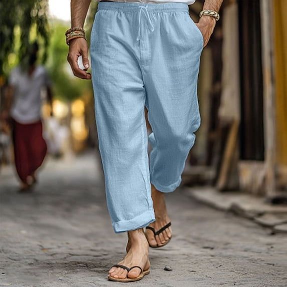 Yaoyar Men's Summer Cotton-Like Fabric Pants Elastic Drawstring Waist Straight Leg with Pockets Breathable for Hot Weather Long Trousers,XL,Light Blue