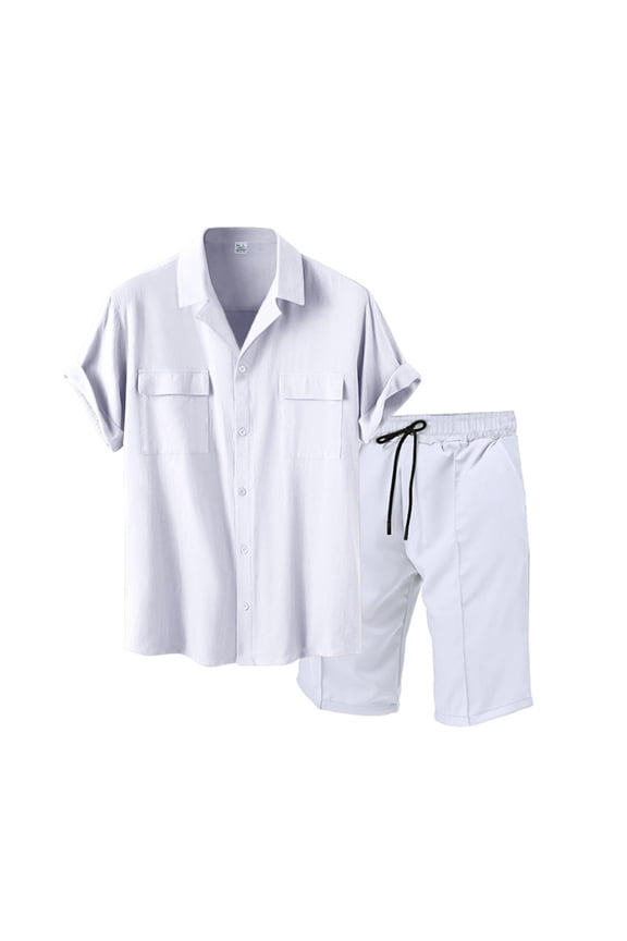 Men's Summer Linen 2 Piece Sets, Short Sleeve Loose Lapel Button Down Shirts & Shorts Vacation Beach Outfits