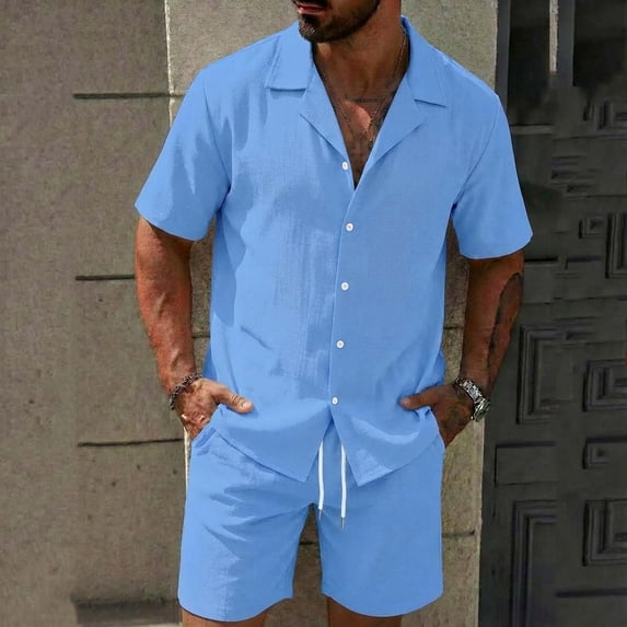 Yaoyar Men's Summer Linen 2 Piece Sets, Short Sleeve Loose Lapel Button Down Shirts & Shorts Vacation Beach Outfits