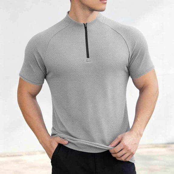 Yaoyar Men's Summer Relaxed Fit Solid Short Sleeve Standing Collar Zip Sport Moisture Wicking Quick Dry Tee