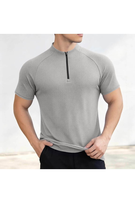 Men's Summer Relaxed Fit Solid Short Sleeve Standing Collar Zip Sport Moisture Wicking Quick Dry Tee