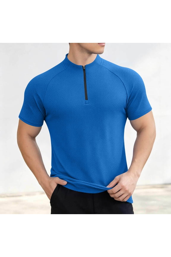 Men's Summer Relaxed Fit Solid Short Sleeve Standing Collar Zip Sport Moisture Wicking Quick Dry Tee