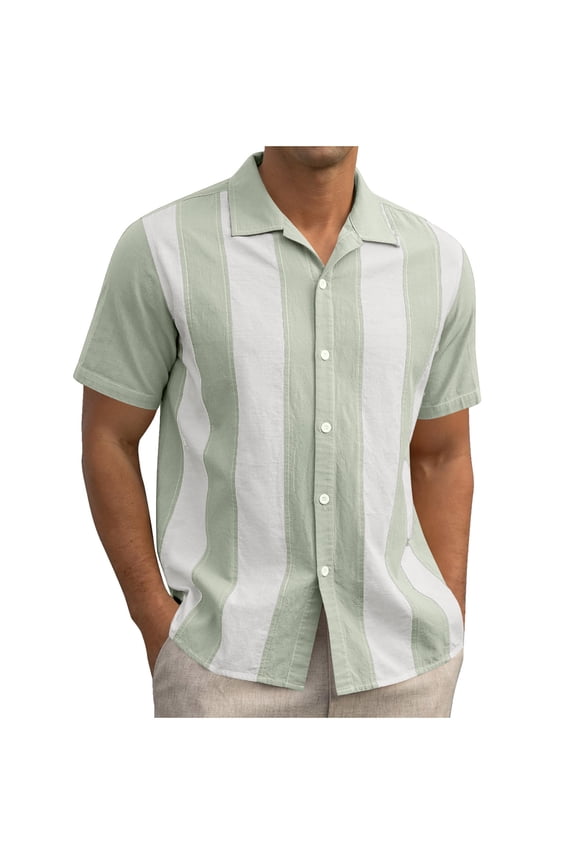 Men's Summer Retro Color Block Striped Patchwork Short Sleeve Shirt, Loose Fit Casual Collar Top, Vintage Style Button Down Tee, Relaxed Fit Shirt