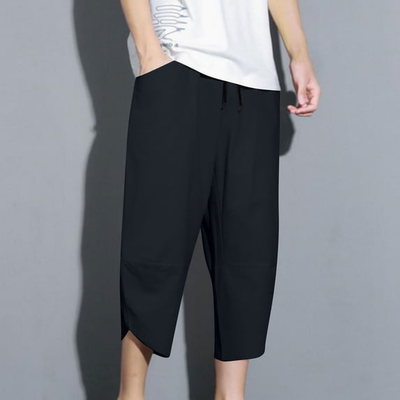 Yaoyar Men's Summer Seasonal Cropped Pants with Elastic Drawstring Waist Solid Color and Pockets Lightweight for Hot Weather Wear Shorts,XXXXL,Black