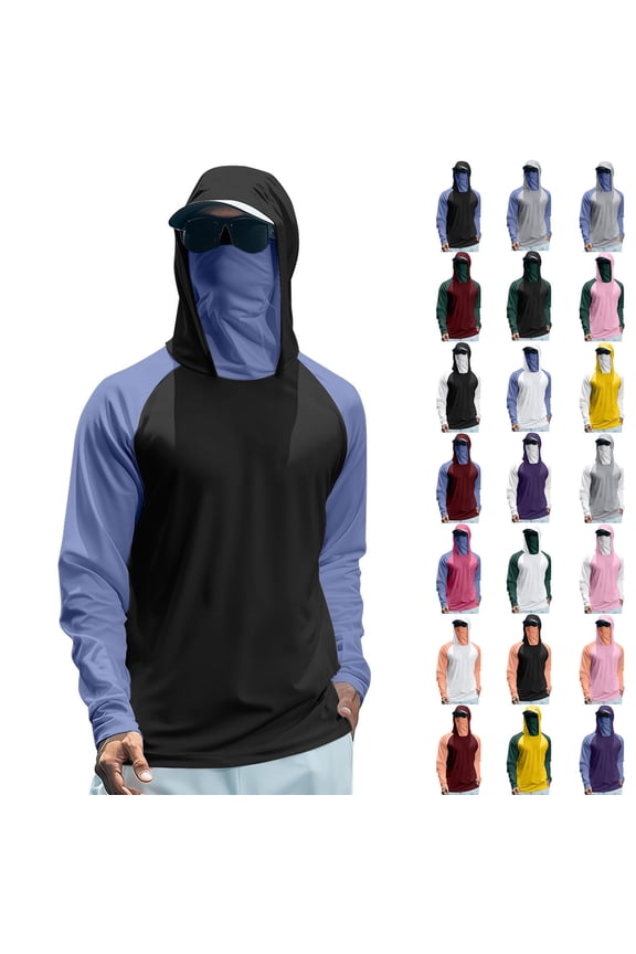 Men's Summer Solid Thin Breathable Minimalist Skin UV Protection Jacket with Face Shield Raglan Sleeve Hooded Sun Top