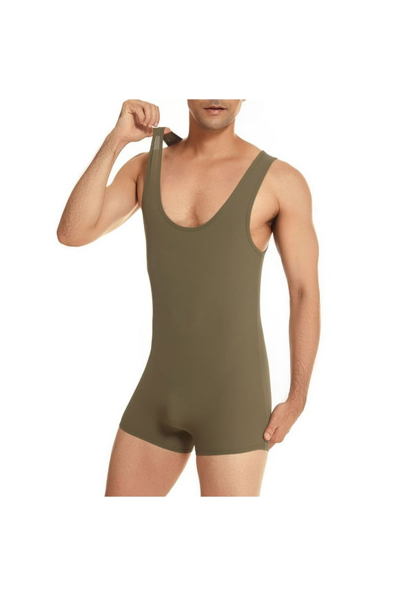 Men's Tank Top One Piece Striped Waistband Wrestling Singlet Bodysuit Jumpsuit Leotard Boxer Briefs Underwear Army Green M