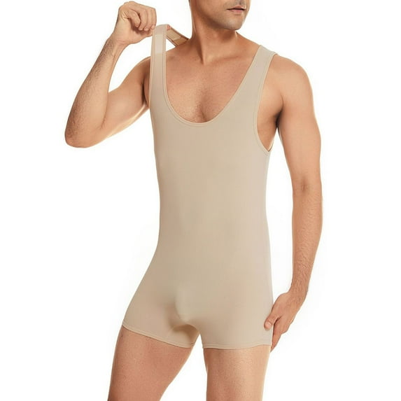 Yaoyar Men's Tank Top One Piece Striped Waistband Wrestling Singlet Bodysuit Jumpsuit Leotard Boxer Briefs Underwear Khaki S