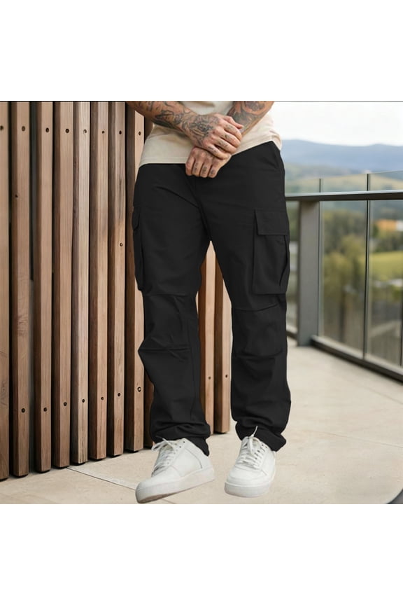 Men's Technical Hiking Cargo Pants with Numerous Zipper Pockets Solid Color Water Resistant Fabric for Outdoor Climbing Trousers,XXL,Black