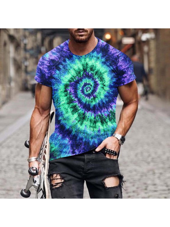 Men's Tie Dye Shirt Funny Rainbow Psychedelic Graphic Short Sleeve Crewneck Casual T-Shirt Tops