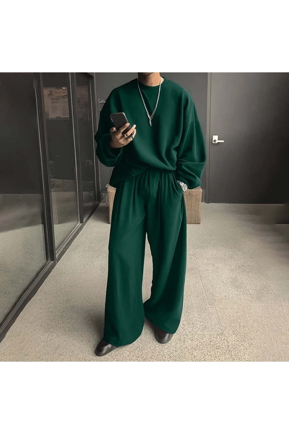 Men's Tracksuit 2 Piece Long Sleeve Pullover Drawstring Wide-Leg Trousers Jogging Track Suit Athletic Casual Sweatsuit