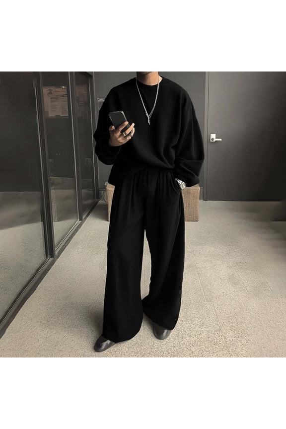 Men's Tracksuit 2 Piece Long Sleeve Pullover Drawstring Wide-Leg Trousers Jogging Track Suit Athletic Casual Sweatsuit
