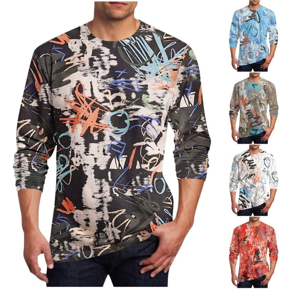 Yaoyar Men's Trendy Graphic Print Long Sleeve Crew Neck Sport Tee, Breathable Lightweight Athletic Pullover Top for Gym Training