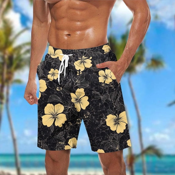 Yaoyar Men's Tropical Floral Swim Shorts Drawstring Elastic Waist Breathable Lightweight Summer Bottoms