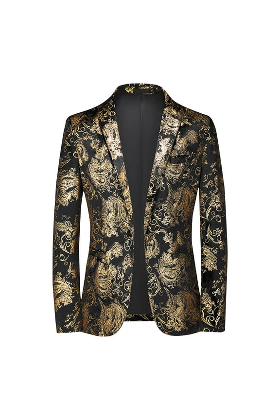 Men's Tuxedo Jacket Lapel One Button Suit Jacket Hot Stamping Bright Color Prom Party Wedding Blazer Gold 2XL
