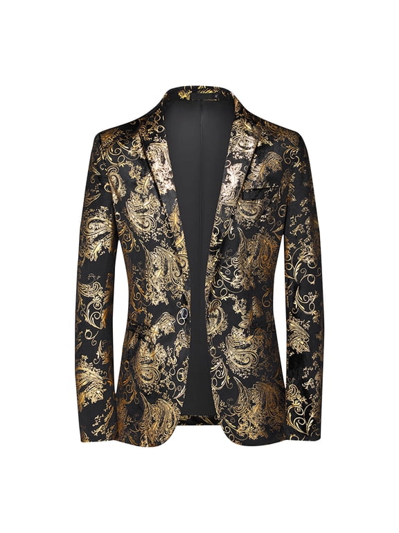 Men's Tuxedo Jacket Lapel One Button Suit Jacket Hot Stamping Bright Color Prom Party Wedding Blazer Gold 3XL
