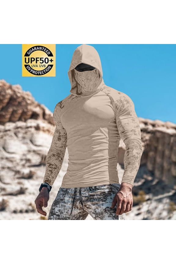 Men's UPF 50+ Sun Protection Hooded Shirt with Integrated Face Cover Long Sleeve Lightweight Rash Guard Shirts