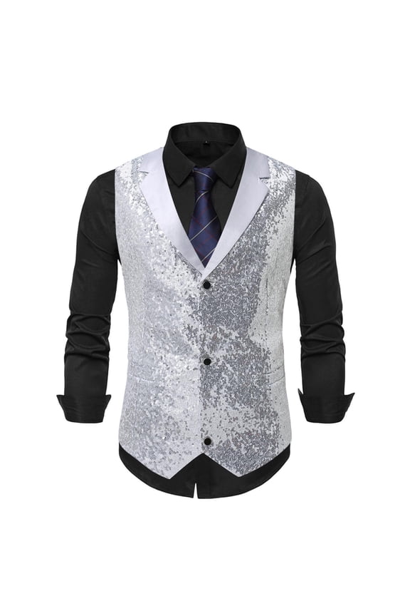 Men's V Neck Waistcoat, Solid Color Sequin Embellishment, Single Breasted Inner Wear, Casual Daily Activewear, Formal Leisure Sleeveless Tops, Stylish Tank Top,Silver,L