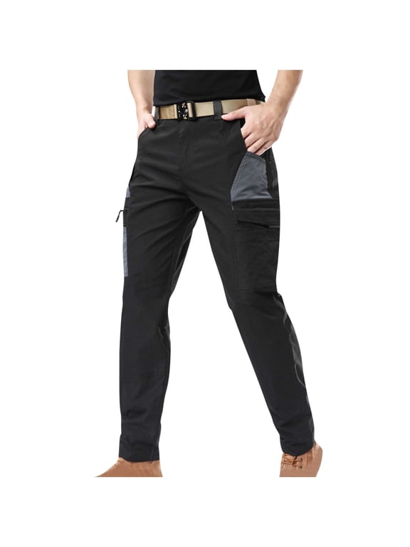 Men's Versatile Outdoor Hiking Bottoms with Contrast Color Pockets Straight Leg Design for Mountain Trekking Full Length Pants,L,Black