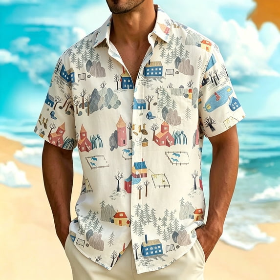 Yaoyar Men's Vibrant Hawaiian Print Short Sleeve Camp Collar Shirt Breathable Lightweight Summer Vacation Tee
